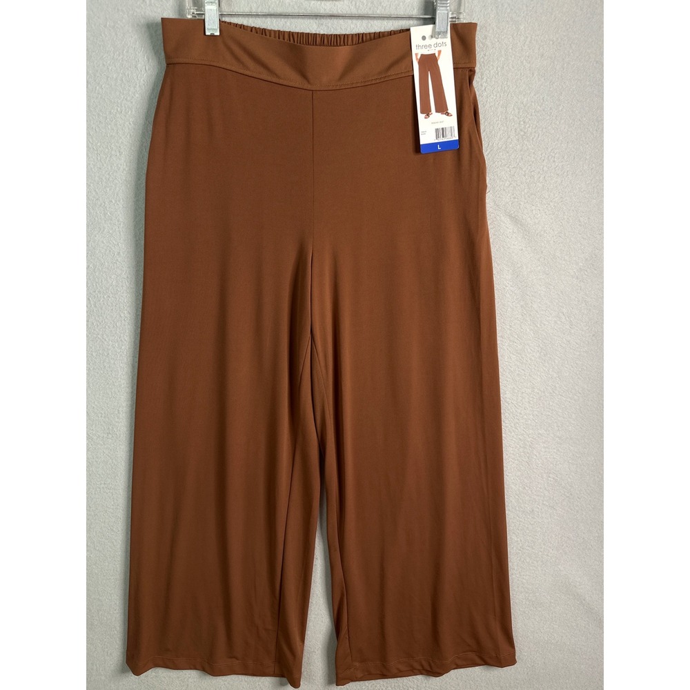 Three Dots Women's Brown Wide Leg Cropped Pants Elastic‎ Waist Size Large